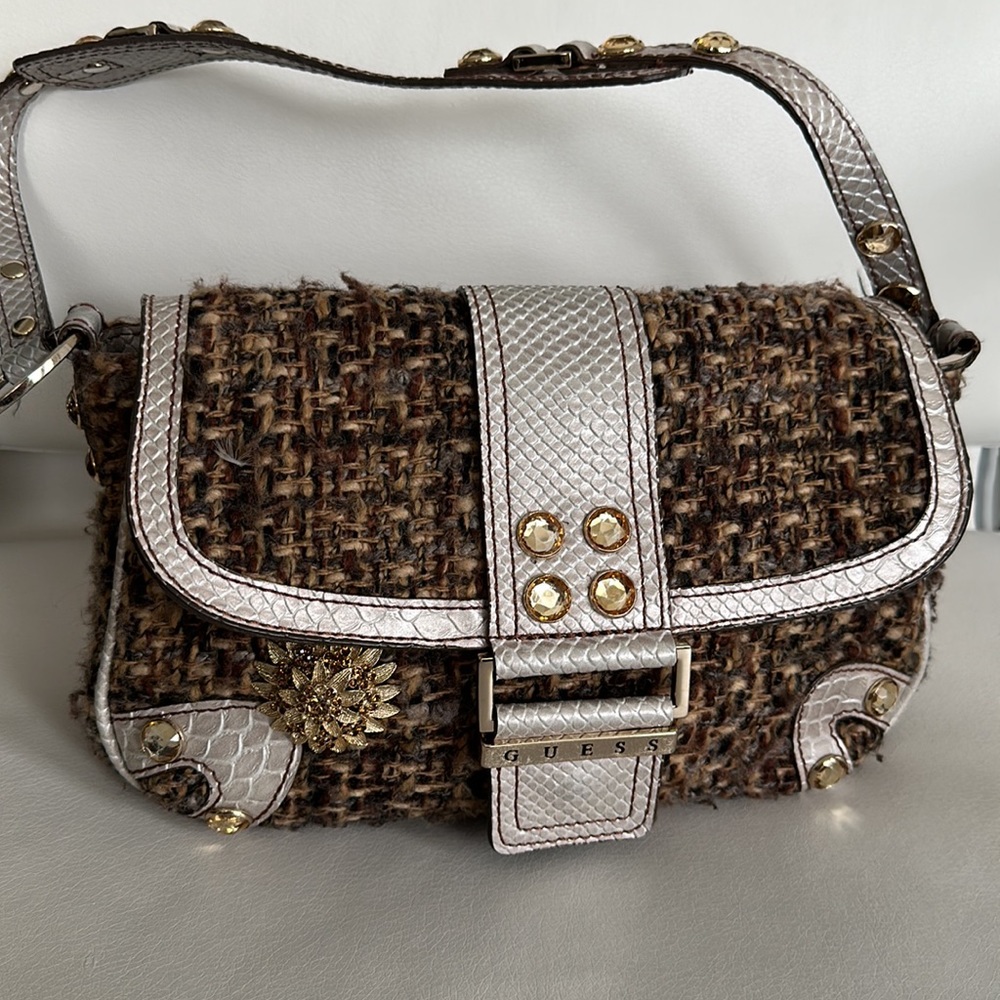 GUESS Tweed mini handbag with faux jewel hardware. Gently used.